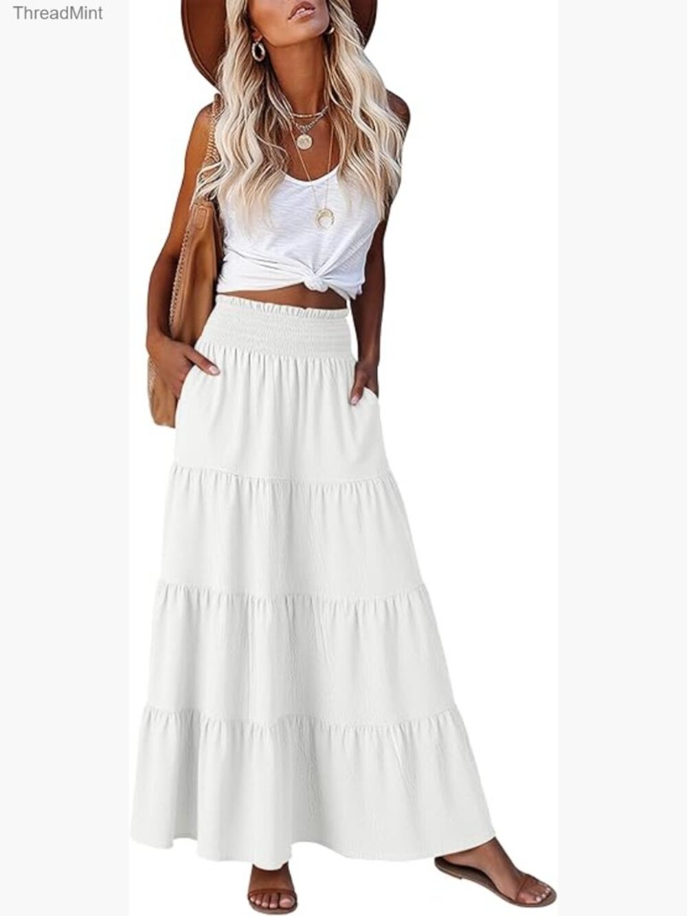 Maxi Skirt, Elastic High Waist A-Line Tiered Long Flowy Boho